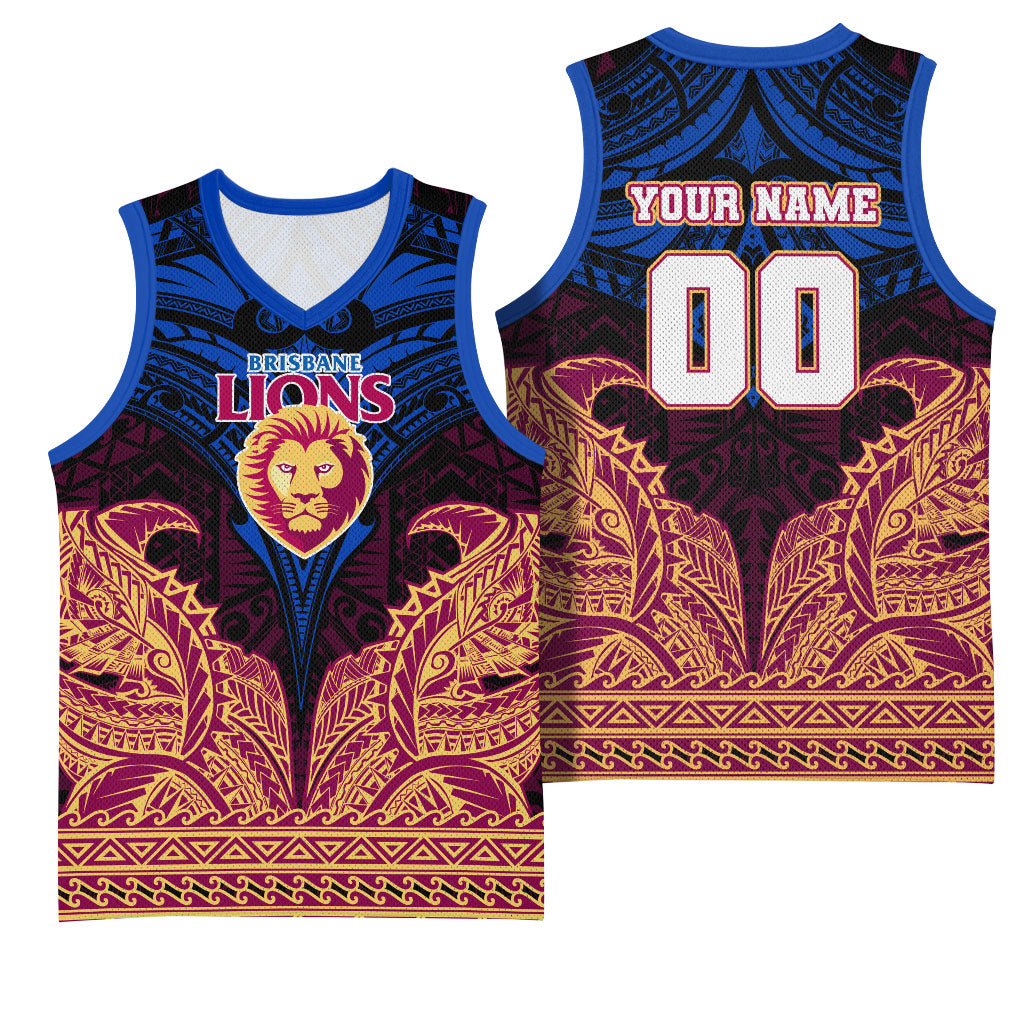 Personalized Brisbane Lions Basketball Jersey Polynesian Tribal Lion Burgundy Gold Warrior