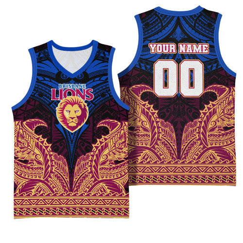 Personalized Brisbane Lions Basketball Jersey Polynesian Tribal Lion Burgundy Gold Warrior