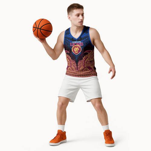 Personalized Brisbane Lions Basketball Jersey Polynesian Tribal Lion Burgundy Gold Warrior