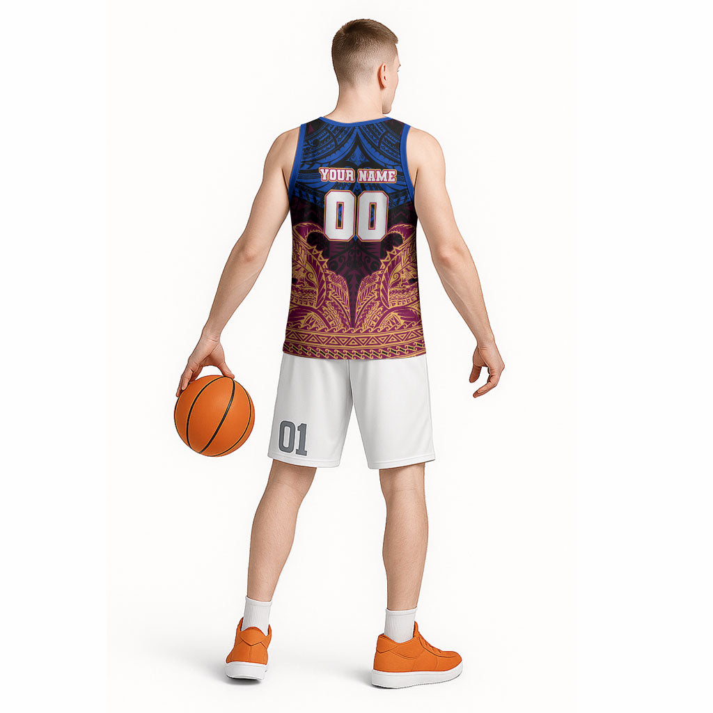 Personalized Brisbane Lions Basketball Jersey Polynesian Tribal Lion Burgundy Gold Warrior