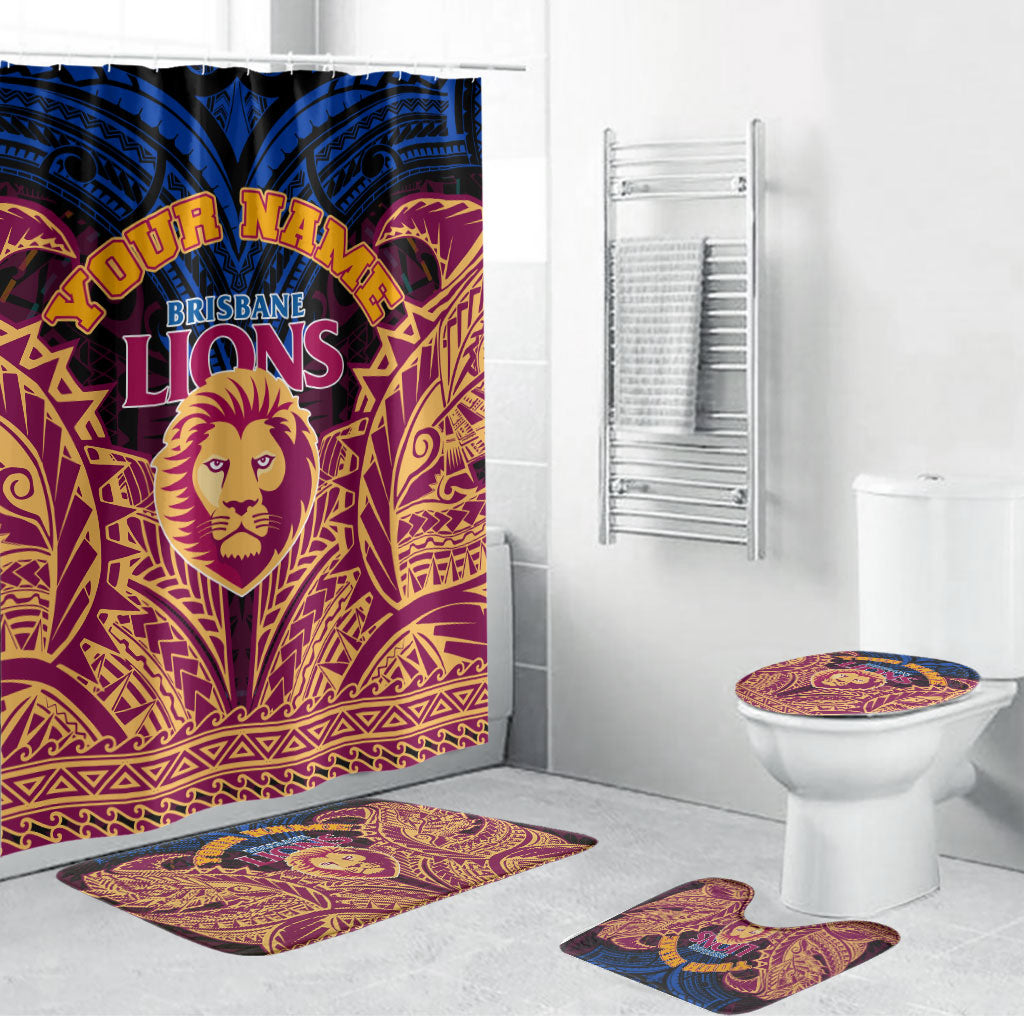 Personalized Brisbane Lions Bathroom Set Polynesian Tribal Lion Burgundy Gold Warrior