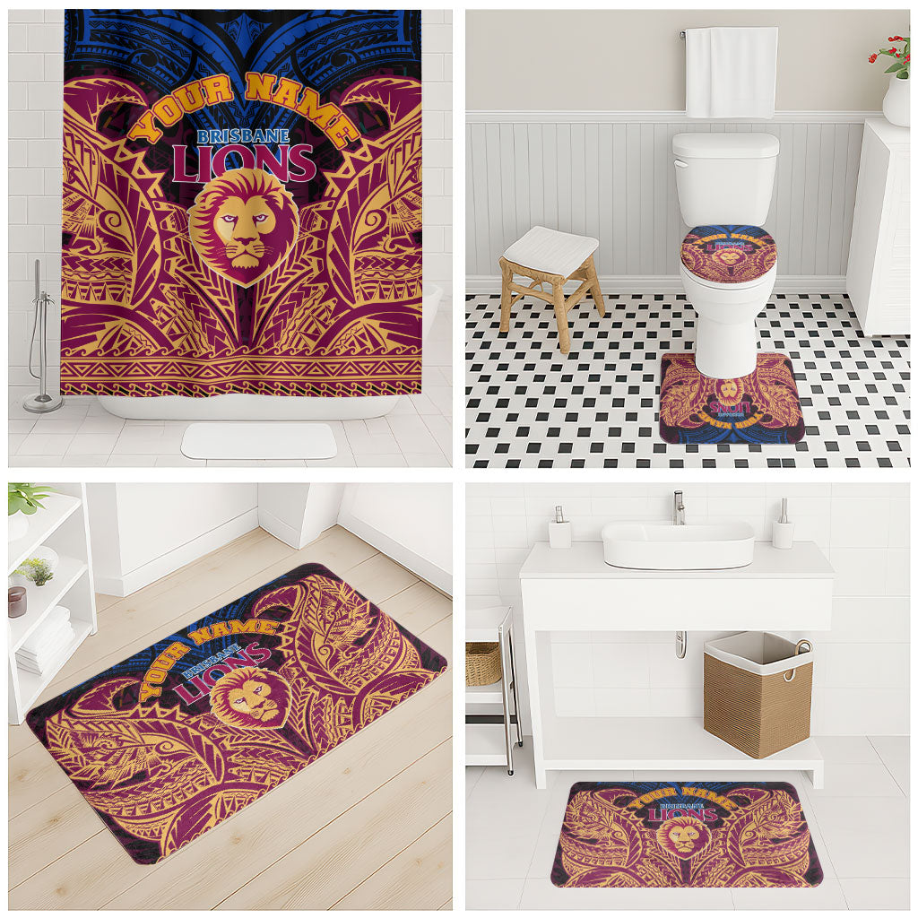 Personalized Brisbane Lions Bathroom Set Polynesian Tribal Lion Burgundy Gold Warrior