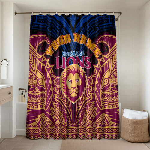 Personalized Brisbane Lions Bathroom Set Polynesian Tribal Lion Burgundy Gold Warrior