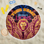 Personalized Brisbane Lions Beach Blanket Polynesian Tribal Lion Burgundy Gold Warrior