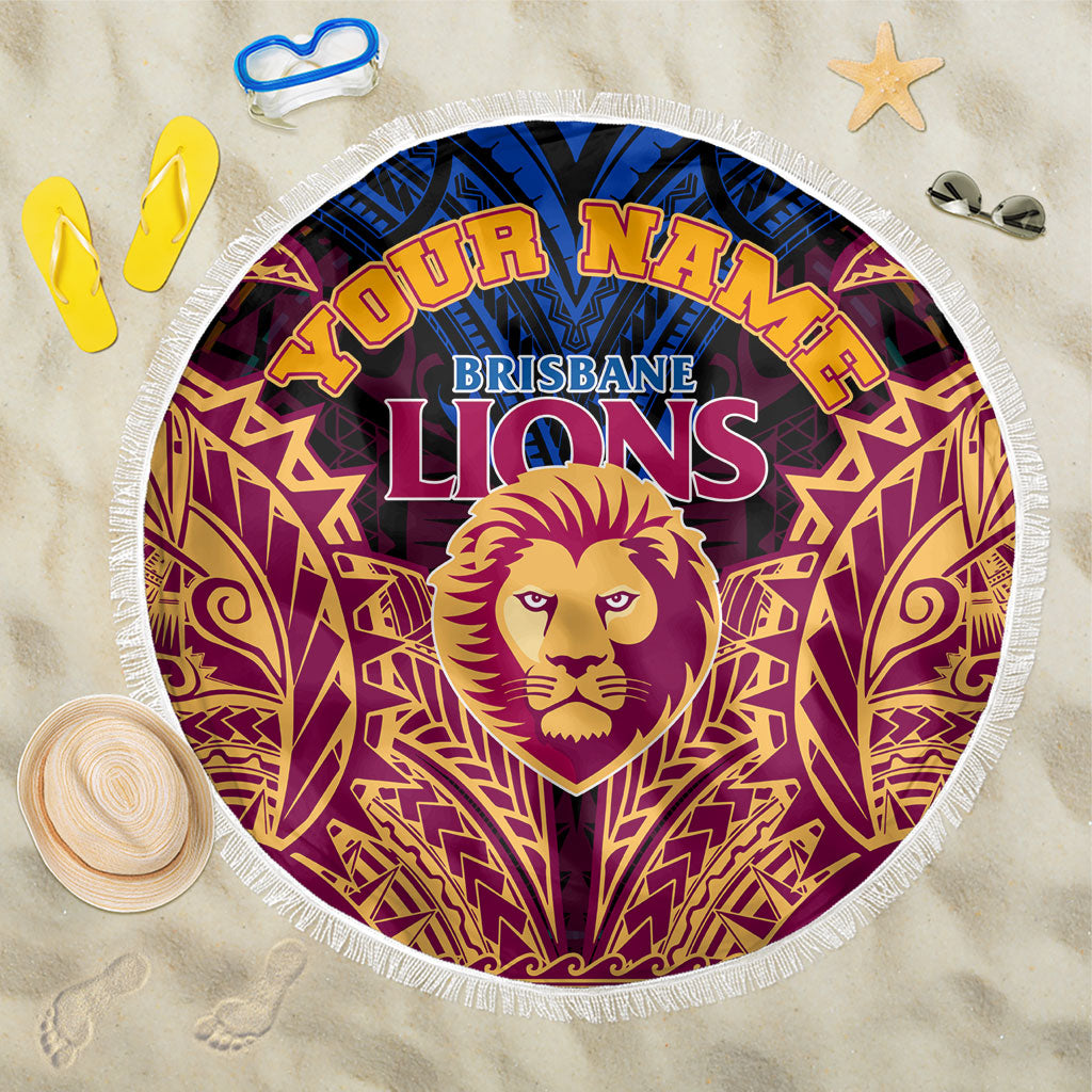 Personalized Brisbane Lions Beach Blanket Polynesian Tribal Lion Burgundy Gold Warrior