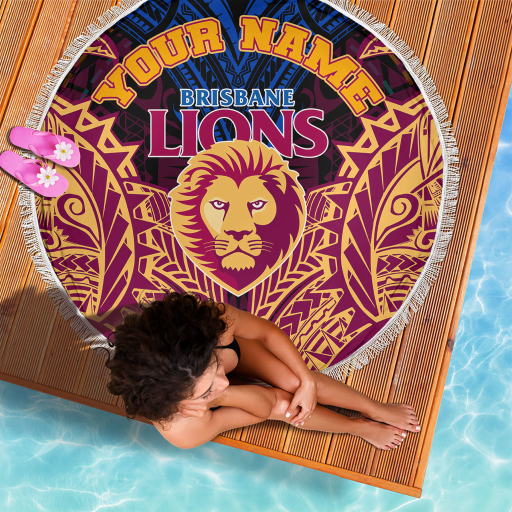 Personalized Brisbane Lions Beach Blanket Polynesian Tribal Lion Burgundy Gold Warrior