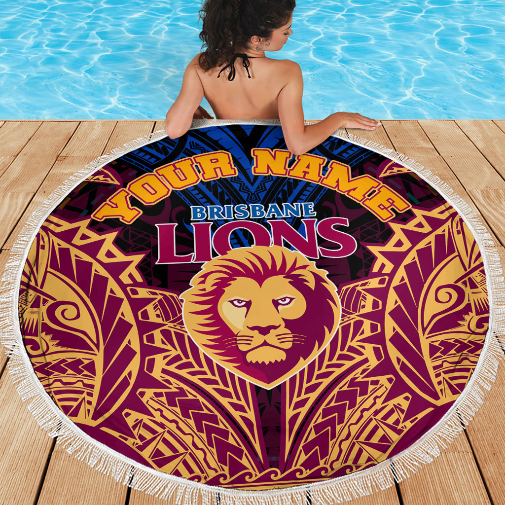 Personalized Brisbane Lions Beach Blanket Polynesian Tribal Lion Burgundy Gold Warrior