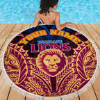 Personalized Brisbane Lions Beach Blanket Polynesian Tribal Lion Burgundy Gold Warrior