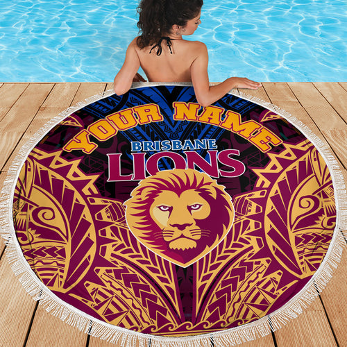 Personalized Brisbane Lions Beach Blanket Polynesian Tribal Lion Burgundy Gold Warrior
