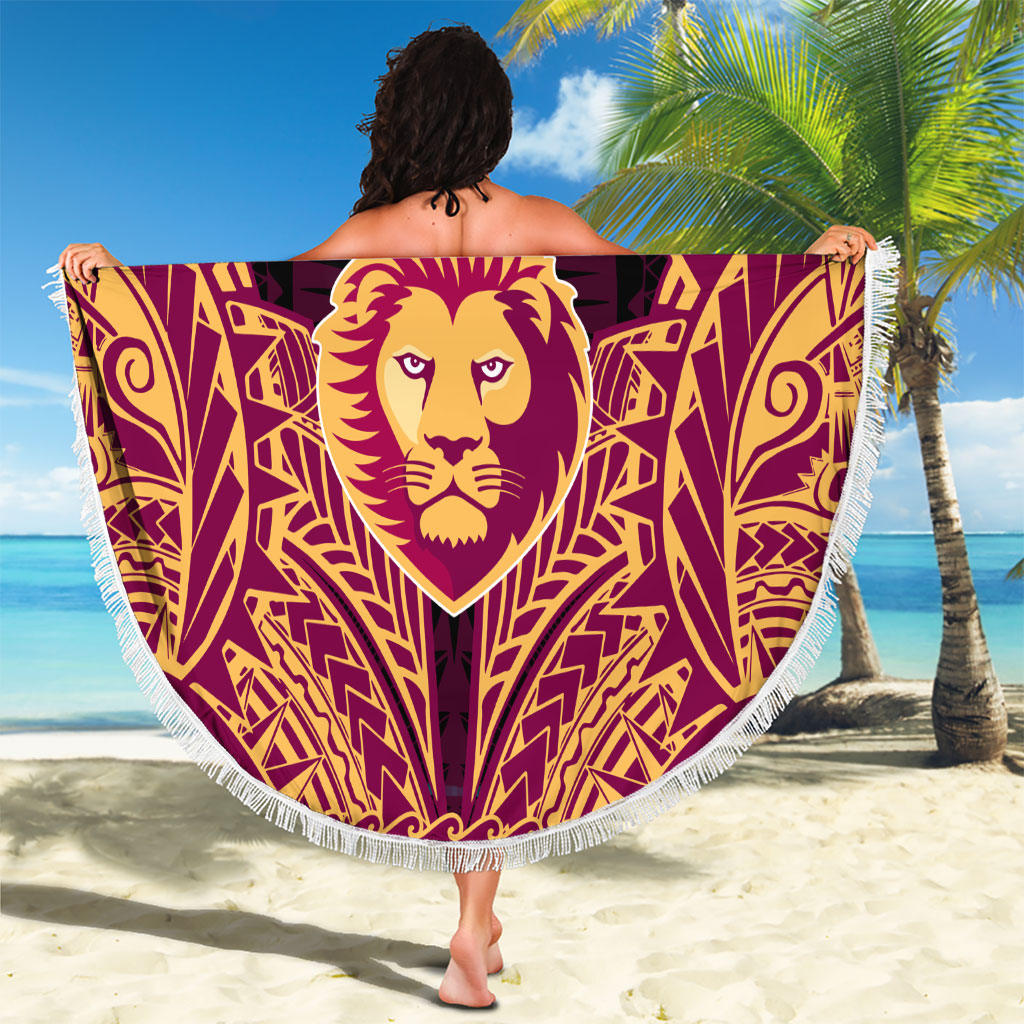Personalized Brisbane Lions Beach Blanket Polynesian Tribal Lion Burgundy Gold Warrior