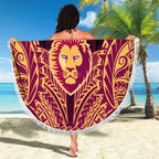 Personalized Brisbane Lions Beach Blanket Polynesian Tribal Lion Burgundy Gold Warrior