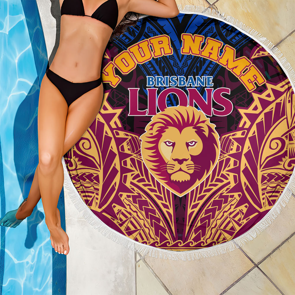 Personalized Brisbane Lions Beach Blanket Polynesian Tribal Lion Burgundy Gold Warrior