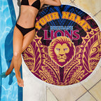 Personalized Brisbane Lions Beach Blanket Polynesian Tribal Lion Burgundy Gold Warrior
