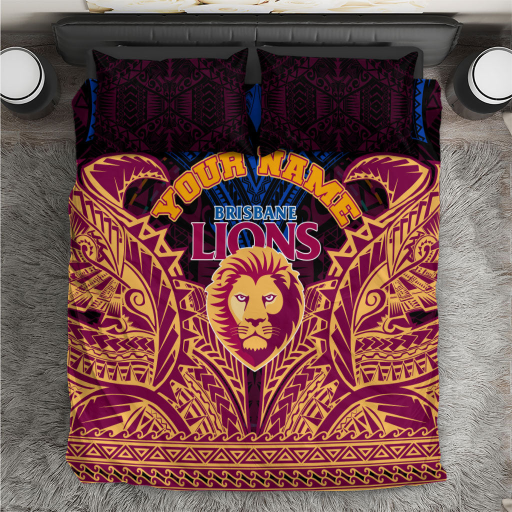 Personalized Brisbane Lions Bedding Set Polynesian Tribal Lion Burgundy Gold Warrior