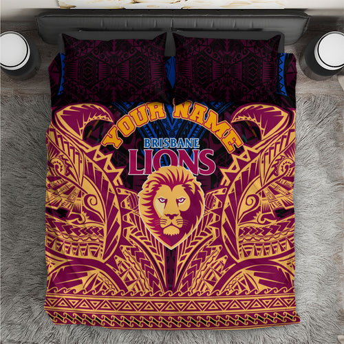Personalized Brisbane Lions Bedding Set Polynesian Tribal Lion Burgundy Gold Warrior