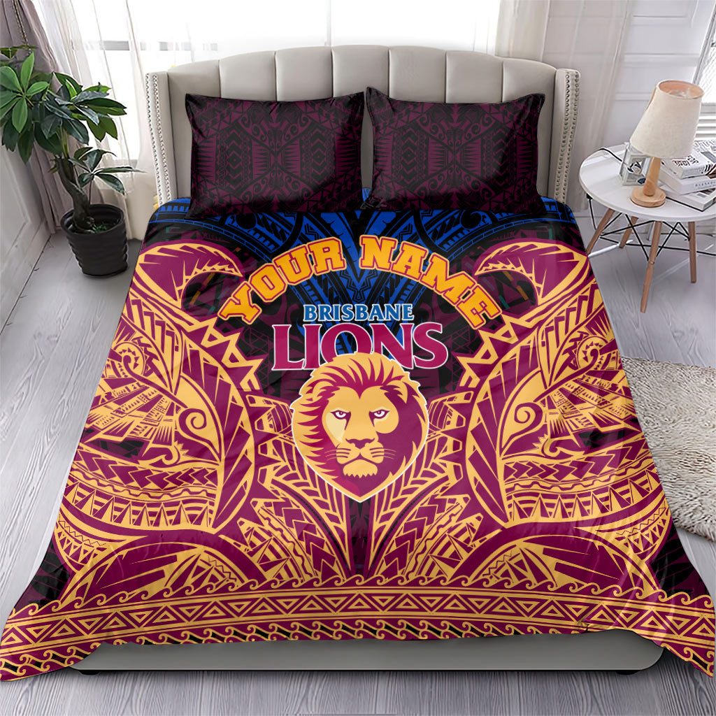 Personalized Brisbane Lions Bedding Set Polynesian Tribal Lion Burgundy Gold Warrior
