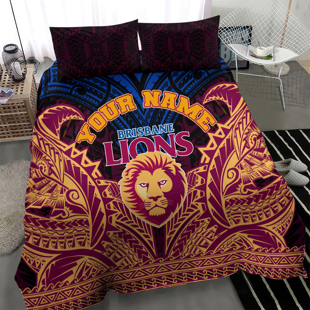 Personalized Brisbane Lions Bedding Set Polynesian Tribal Lion Burgundy Gold Warrior