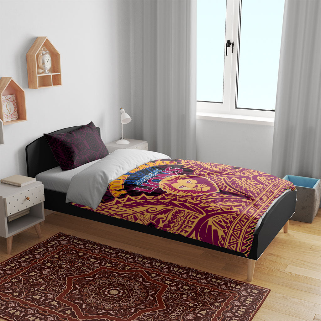 Personalized Brisbane Lions Bedding Set Polynesian Tribal Lion Burgundy Gold Warrior