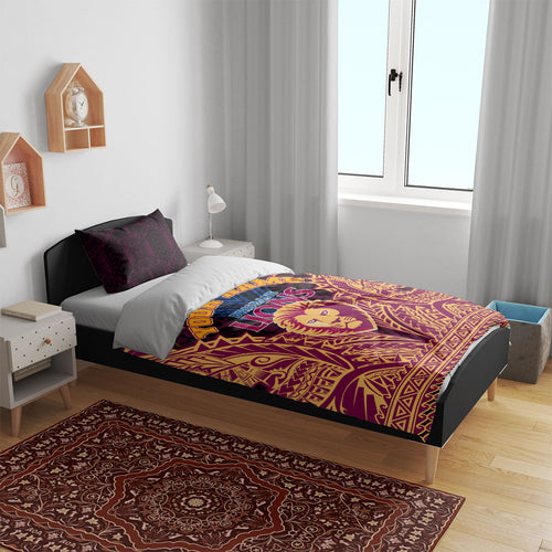 Personalized Brisbane Lions Bedding Set Polynesian Tribal Lion Burgundy Gold Warrior