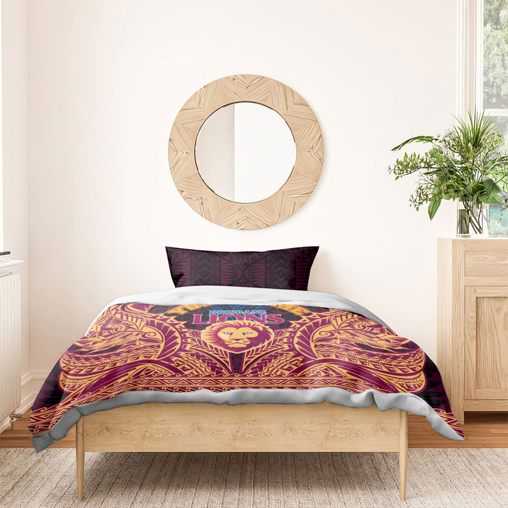 Personalized Brisbane Lions Bedding Set Polynesian Tribal Lion Burgundy Gold Warrior