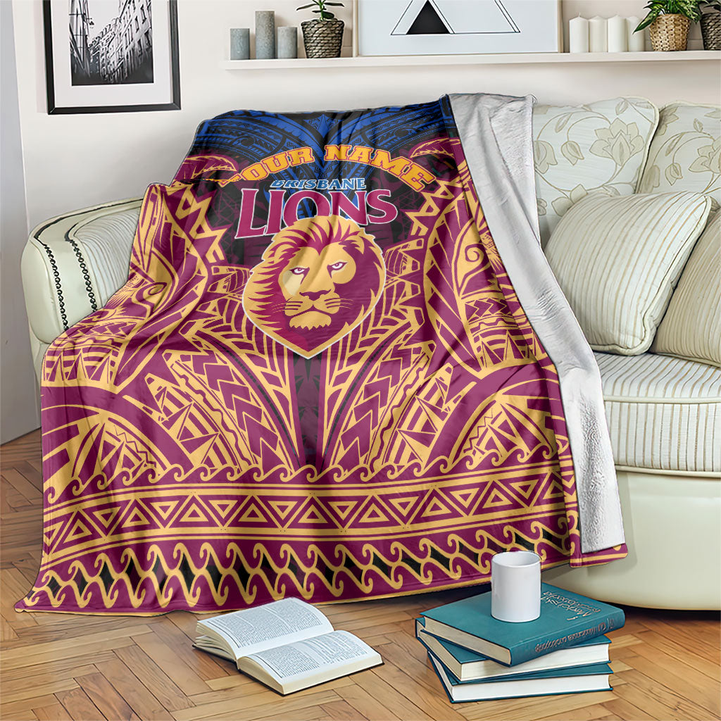 Personalized Brisbane Lions Blanket Polynesian Tribal Lion Burgundy Gold Warrior