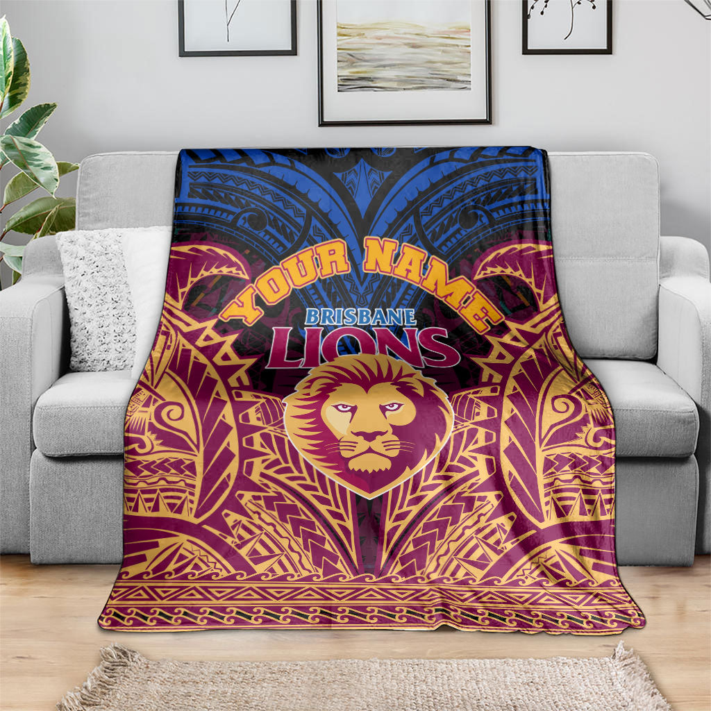 Personalized Brisbane Lions Blanket Polynesian Tribal Lion Burgundy Gold Warrior
