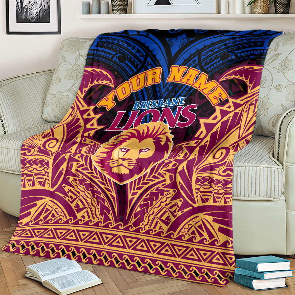 Personalized Brisbane Lions Blanket Polynesian Tribal Lion Burgundy Gold Warrior