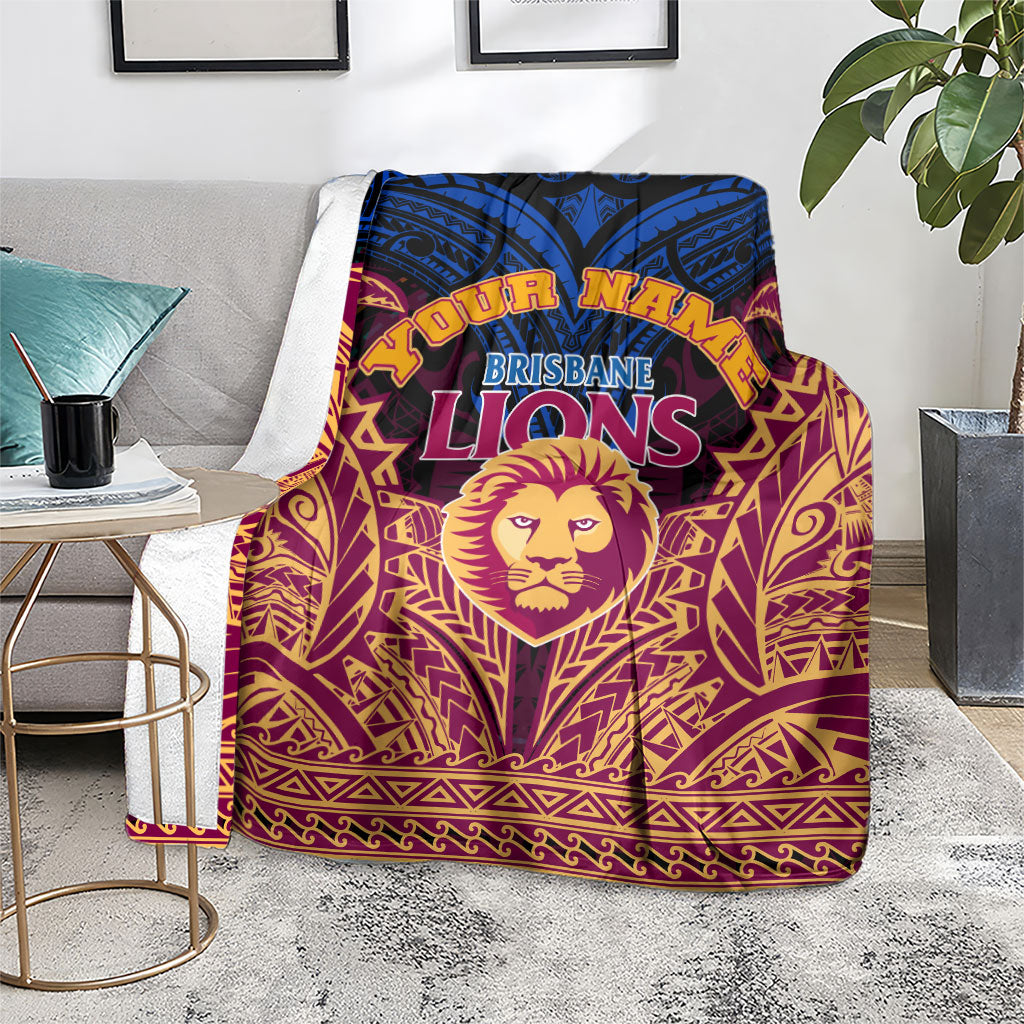 Personalized Brisbane Lions Blanket Polynesian Tribal Lion Burgundy Gold Warrior