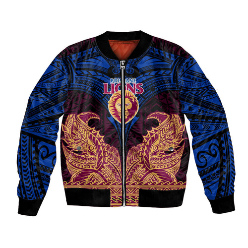 Personalized Brisbane Lions Bomber Jacket Polynesian Tribal Lion Burgundy Gold Warrior