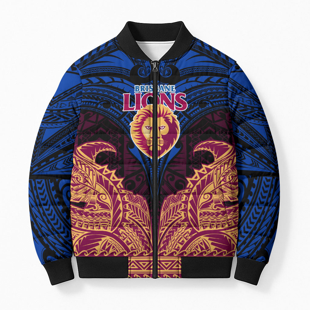 Personalized Brisbane Lions Bomber Puffer Jacket Polynesian Tribal Lion Burgundy Gold Warrior