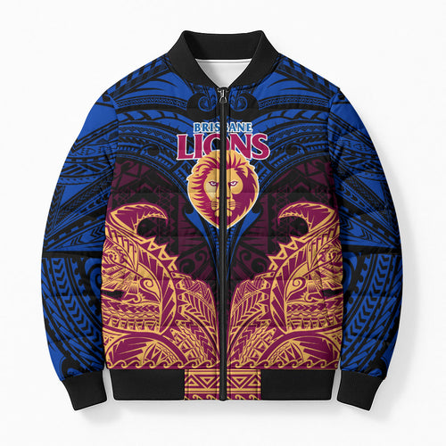 Personalized Brisbane Lions Bomber Puffer Jacket Polynesian Tribal Lion Burgundy Gold Warrior