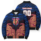 Personalized Brisbane Lions Bomber Puffer Jacket Polynesian Tribal Lion Burgundy Gold Warrior