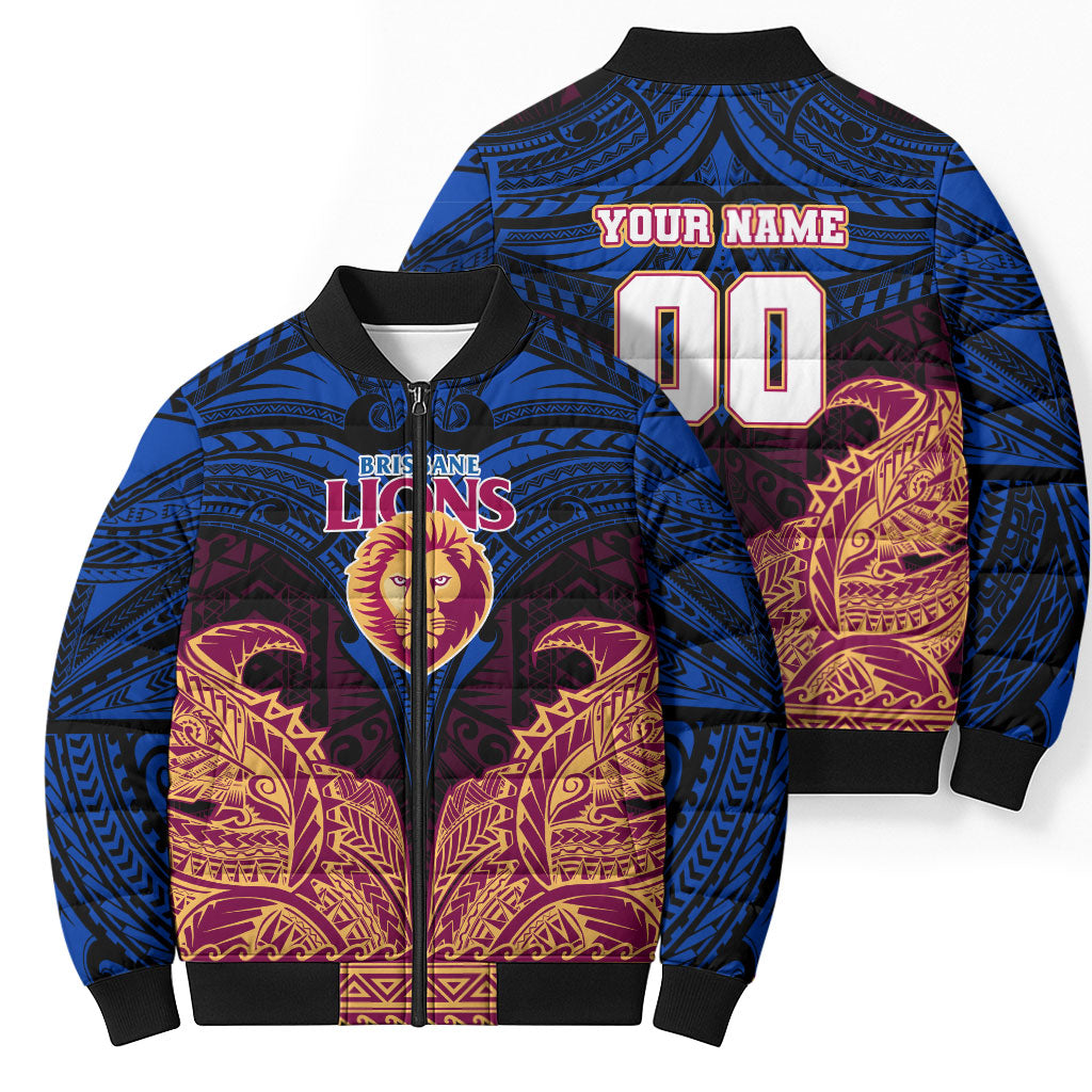 Personalized Brisbane Lions Bomber Puffer Jacket Polynesian Tribal Lion Burgundy Gold Warrior