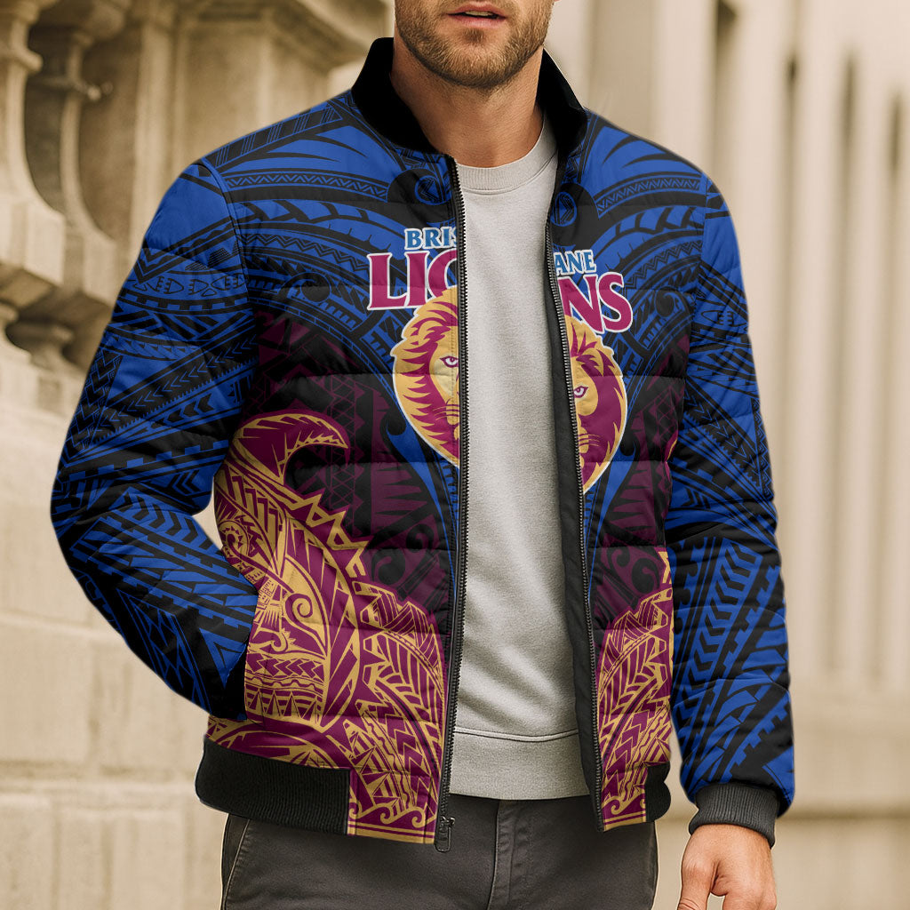 Personalized Brisbane Lions Bomber Puffer Jacket Polynesian Tribal Lion Burgundy Gold Warrior