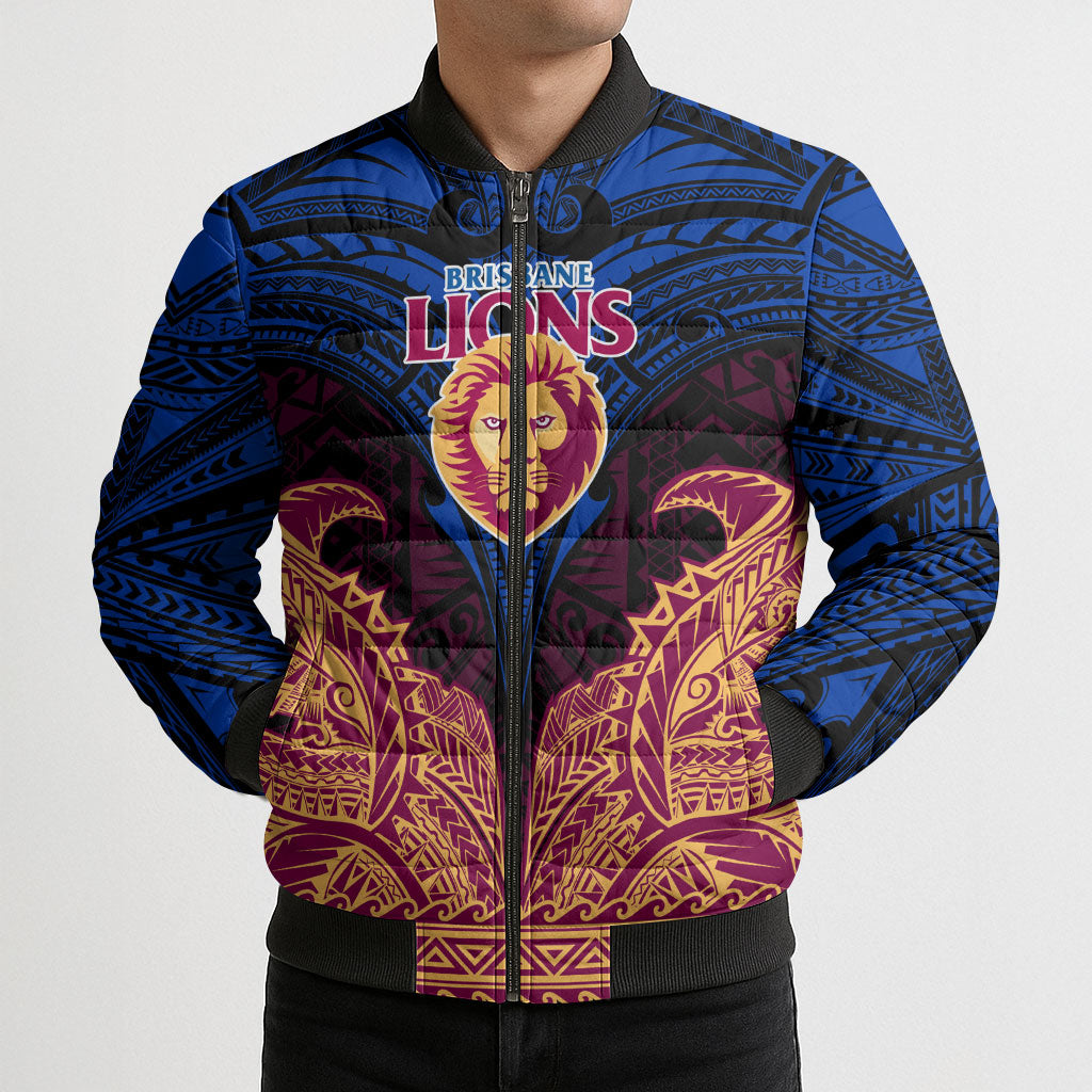 Personalized Brisbane Lions Bomber Puffer Jacket Polynesian Tribal Lion Burgundy Gold Warrior