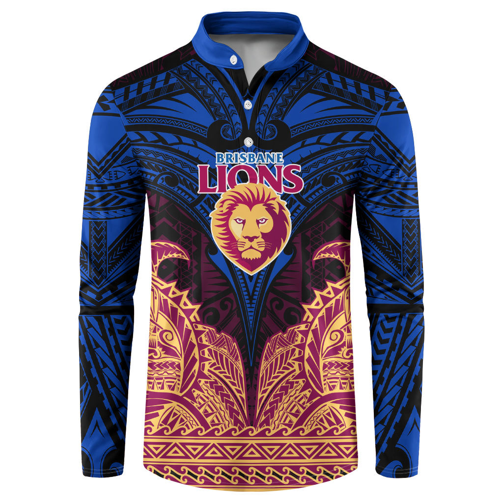Personalized Brisbane Lions Button Sweatshirt Polynesian Tribal Lion Burgundy Gold Warrior