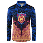Personalized Brisbane Lions Button Sweatshirt Polynesian Tribal Lion Burgundy Gold Warrior