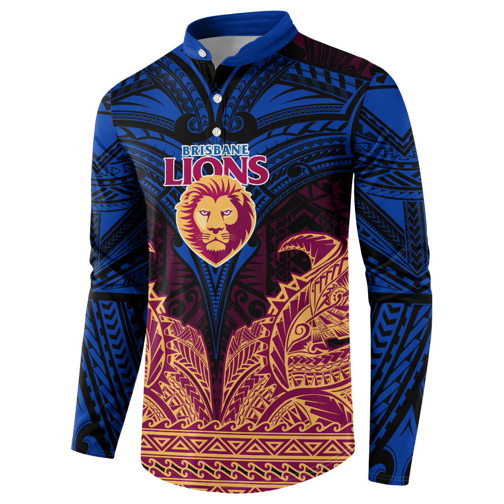 Personalized Brisbane Lions Button Sweatshirt Polynesian Tribal Lion Burgundy Gold Warrior
