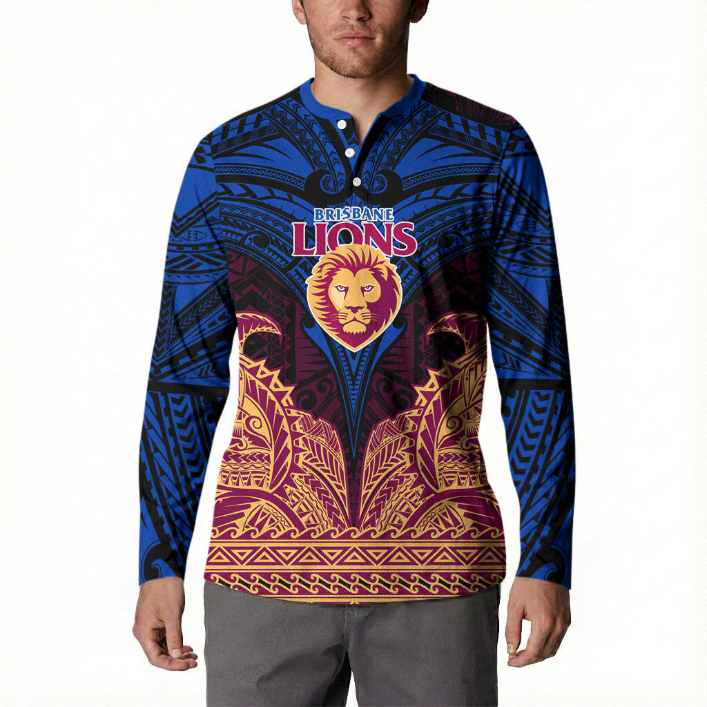 Personalized Brisbane Lions Button Sweatshirt Polynesian Tribal Lion Burgundy Gold Warrior