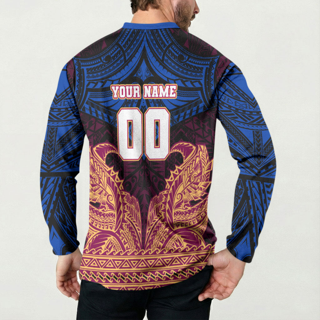 Personalized Brisbane Lions Button Sweatshirt Polynesian Tribal Lion Burgundy Gold Warrior