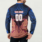 Personalized Brisbane Lions Button Sweatshirt Polynesian Tribal Lion Burgundy Gold Warrior