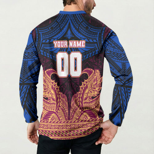 Personalized Brisbane Lions Button Sweatshirt Polynesian Tribal Lion Burgundy Gold Warrior