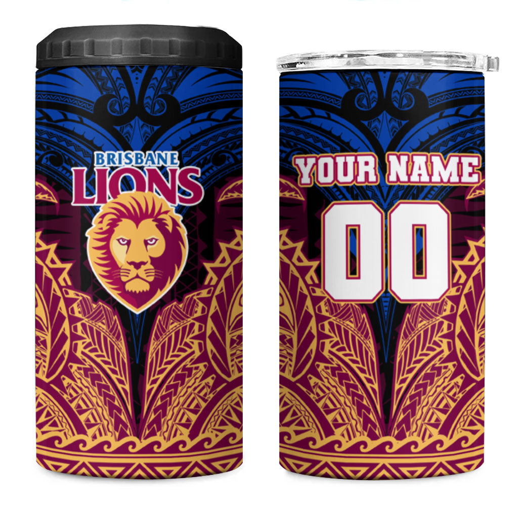 Personalized Brisbane Lions 4 in 1 Can Cooler Tumbler Polynesian Tribal Lion Burgundy Gold Warrior