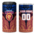 Personalized Brisbane Lions 4 in 1 Can Cooler Tumbler Polynesian Tribal Lion Burgundy Gold Warrior