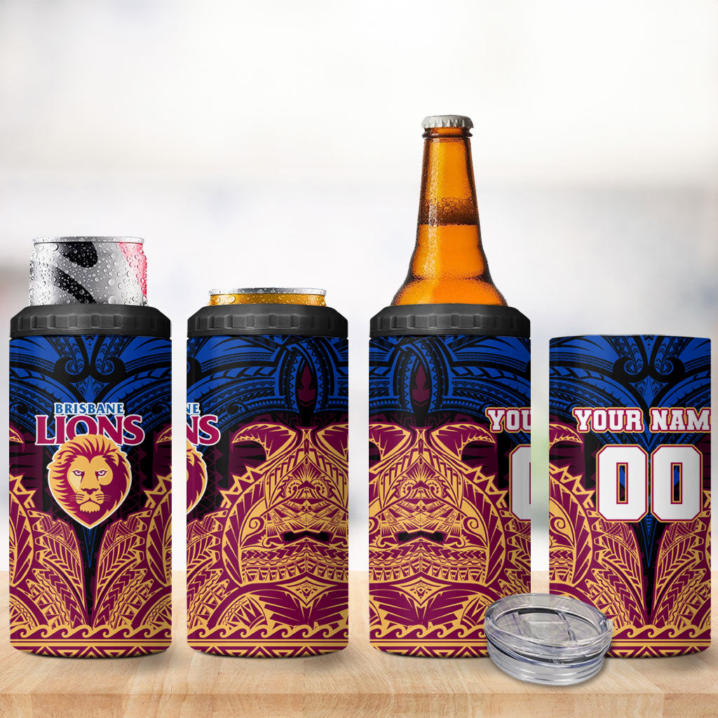 Personalized Brisbane Lions 4 in 1 Can Cooler Tumbler Polynesian Tribal Lion Burgundy Gold Warrior