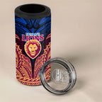 Personalized Brisbane Lions 4 in 1 Can Cooler Tumbler Polynesian Tribal Lion Burgundy Gold Warrior