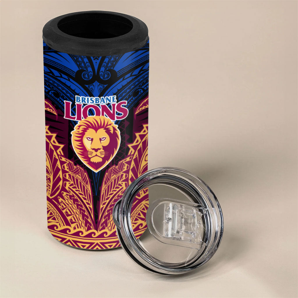 Personalized Brisbane Lions 4 in 1 Can Cooler Tumbler Polynesian Tribal Lion Burgundy Gold Warrior