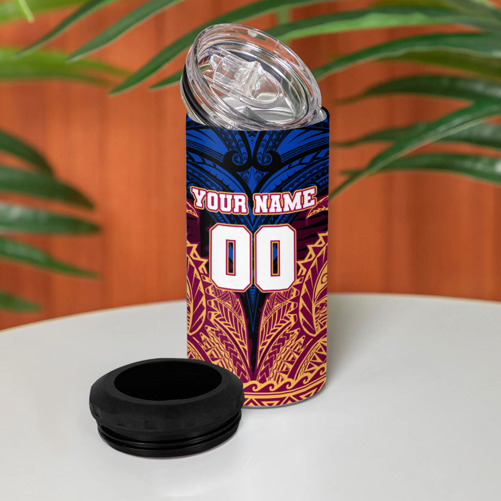Personalized Brisbane Lions 4 in 1 Can Cooler Tumbler Polynesian Tribal Lion Burgundy Gold Warrior