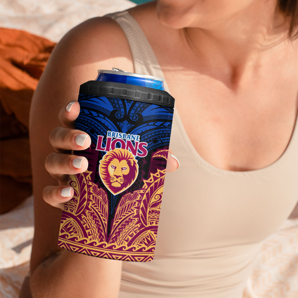 Personalized Brisbane Lions 4 in 1 Can Cooler Tumbler Polynesian Tribal Lion Burgundy Gold Warrior