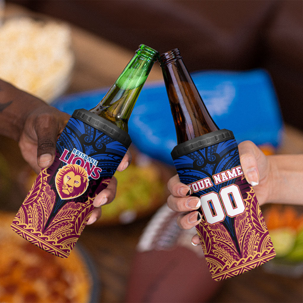 Personalized Brisbane Lions 4 in 1 Can Cooler Tumbler Polynesian Tribal Lion Burgundy Gold Warrior